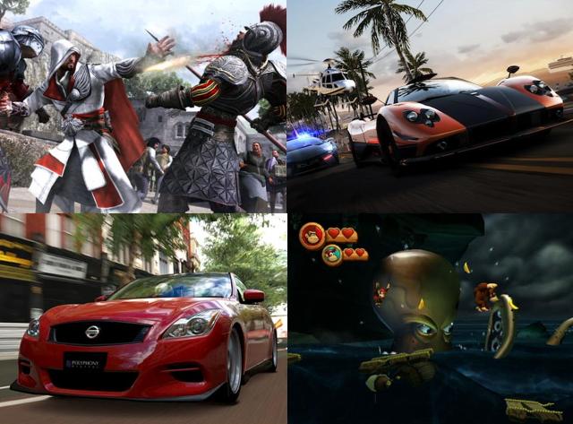 Assassin's Creed Brotherhood, Donkey Kong Country Returns, Gran Turismo 5, Need for Speed Hot Pursuit