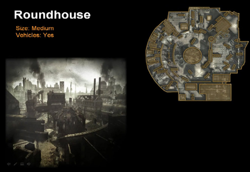 A picture and map layout of the Roundhouse map in Call of Duty: World at War