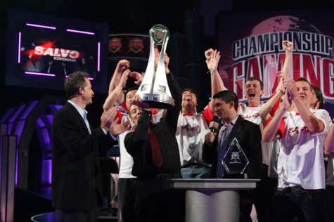 Competitve gamers celebrating their trophy win